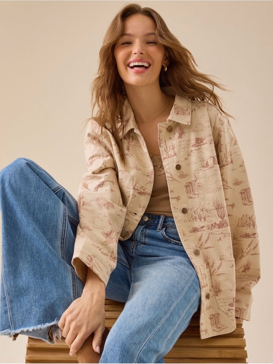 Altar'd State Jackets & Blazers - Altar'd State Beige Scenic-Print Button Jacket